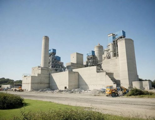Cement Works Concrete factory with silos and machinery against a clear blue sky.