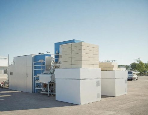 Packaging Production Industrial equipment with large white and blue structures set in a spacious outdoor area.