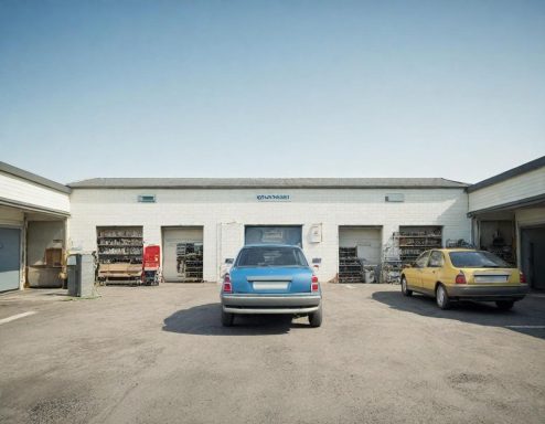 Automotive Repair Two cars parked outside a single-storey garage building with multiple doors.