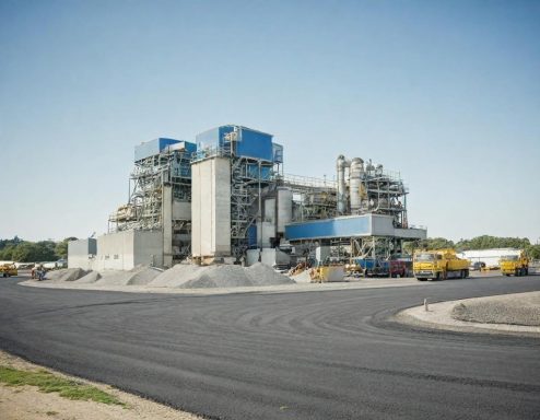 Asphalt Production Industrial facility with large machinery, storage, and vehicles on a construction site.